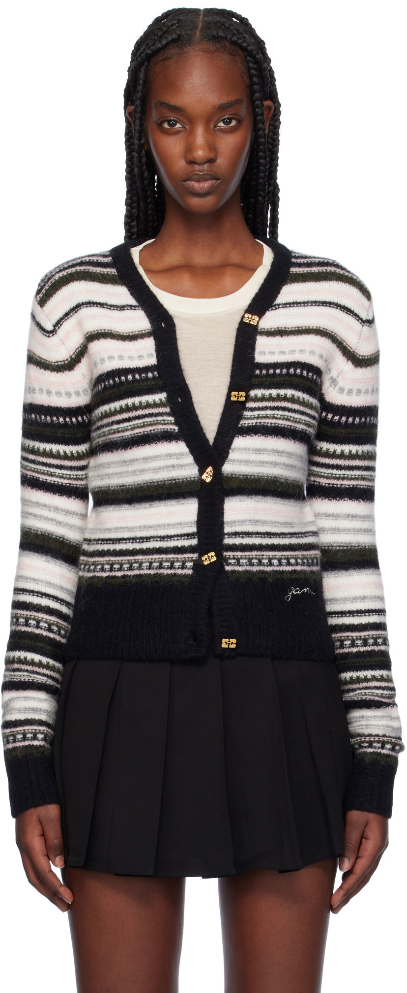 Pleteni pulover GANNI Stripe Cardigan Črna | K2326