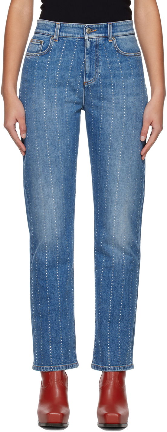 Kavbojke Stella McCartney Stella McCartney Embellished Straight-Leg Jeans Modra | 6D00293SOH95