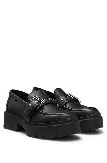 Superge in čevlji BOSS Faux-leather loafers with buckle strap Črna | 50538616