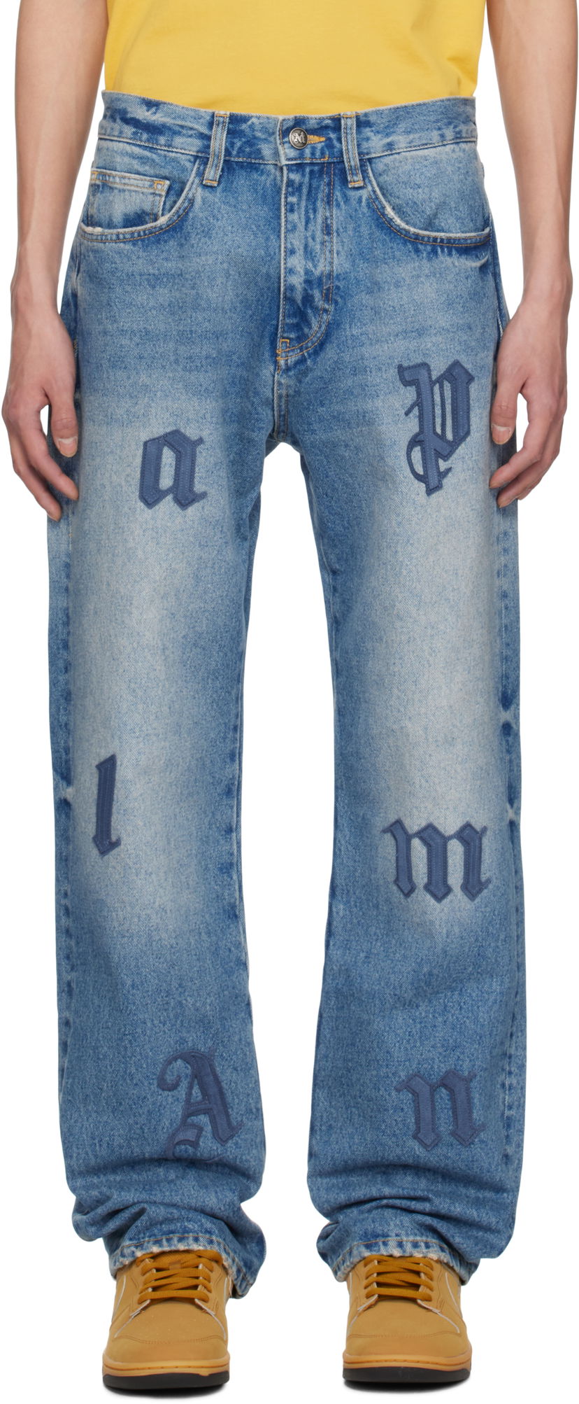 Kavbojke Palm Angels Palm Angels Logo Patch Straight Leg Jeans Modra | PMYA041S25DEN0064040