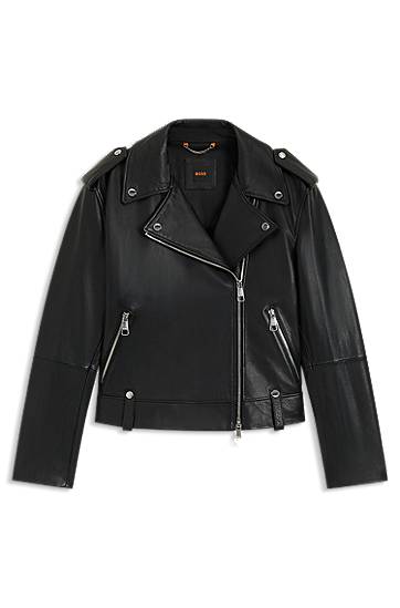 Jakna BOSS Grained Leather Jacket with Silver-Tone Trims Črna | 50541769