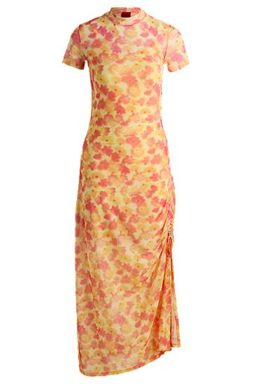Obleke BOSS Floral-Print Mesh Midi Dress with Ruched Side Rumena | 50537179