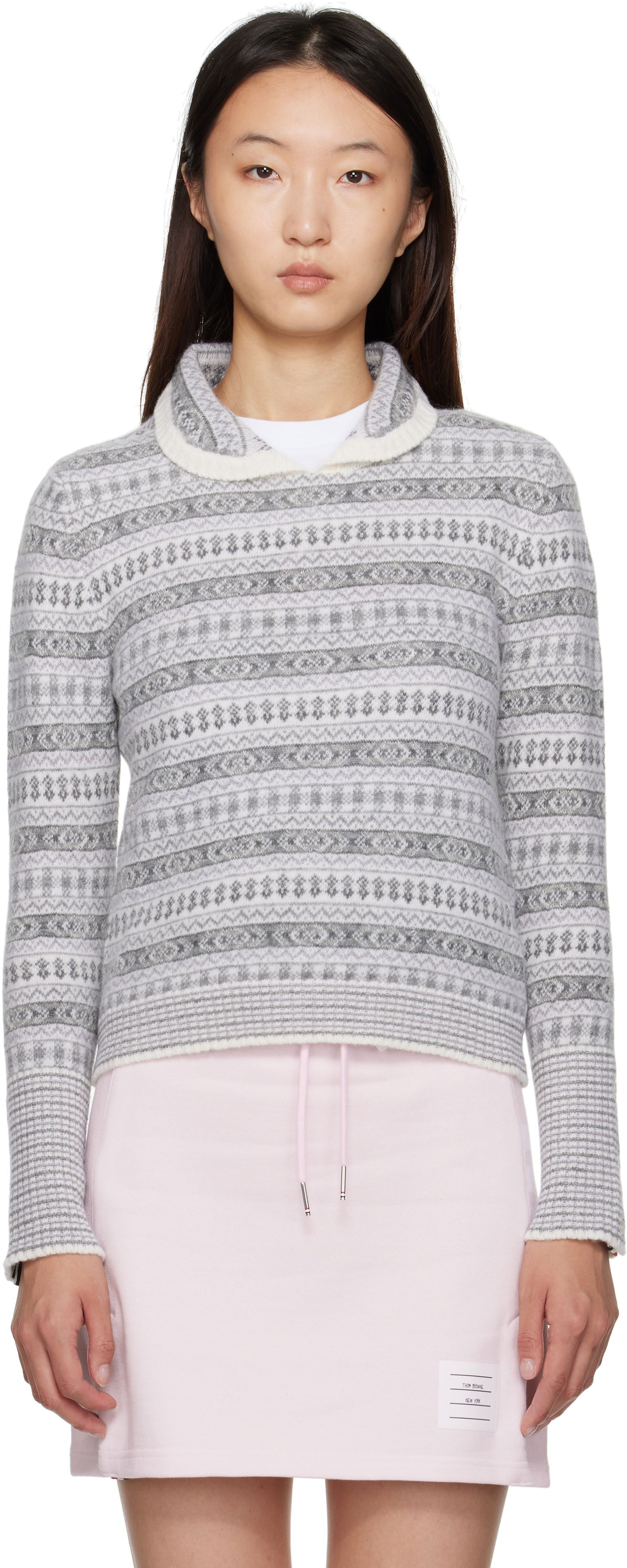 Pleteni pulover Thom Browne Thom Browne Wool Flannel & Mohair Jacquard Sweater Siva | FKA497A-Y1029, 0