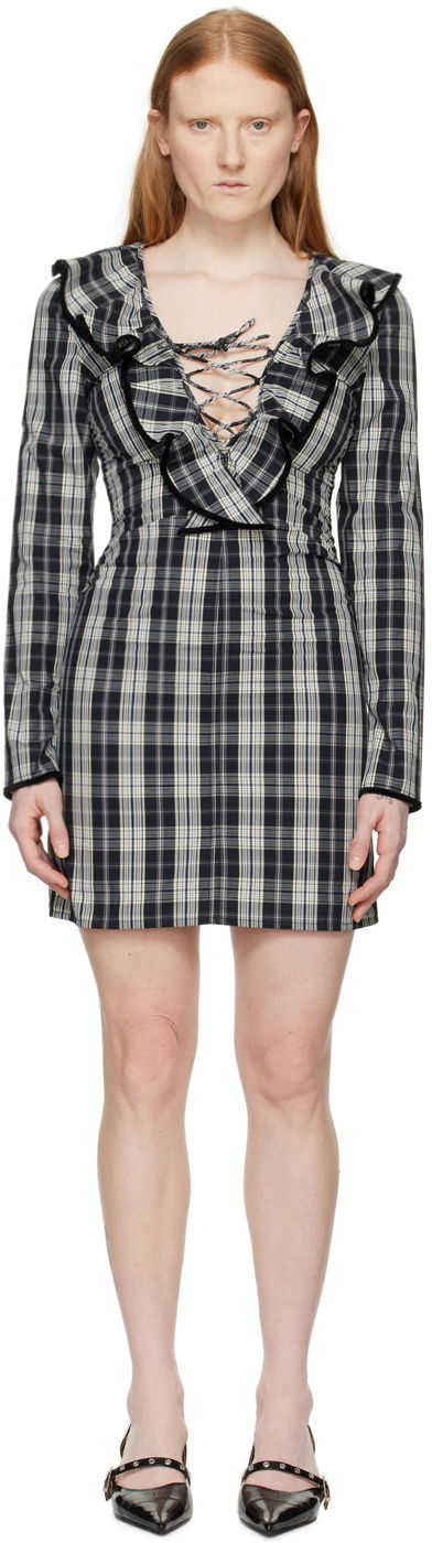 Obleke GANNI Plaid Ruffle Lace-up Long-sleeve Minidress Večbarvna | F8749