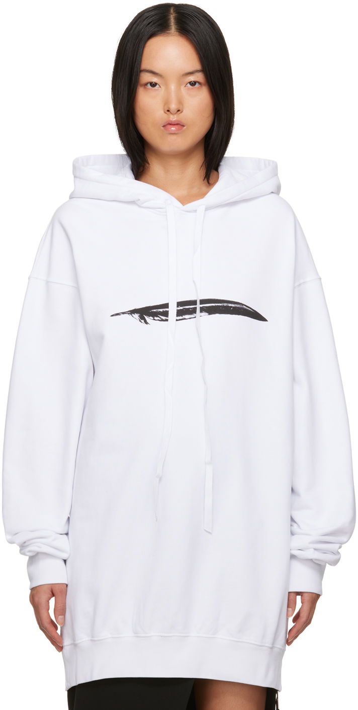 Pulover Ann Demeulemeester Oversized Hoodie with Feather Print Bela | 2302-W-JSW01-24-FA185-001