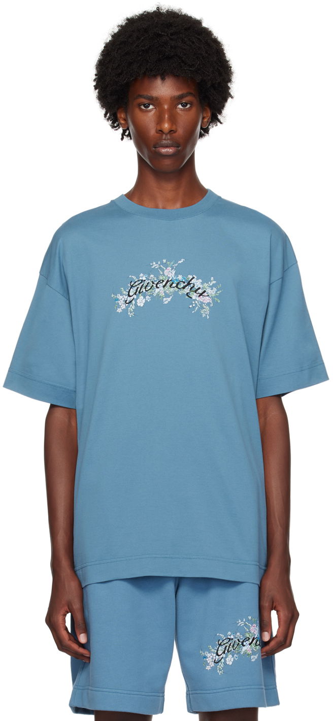 Majica Givenchy Blue Floral Logo T-Shirt Modra | BM71JA3YMU495
