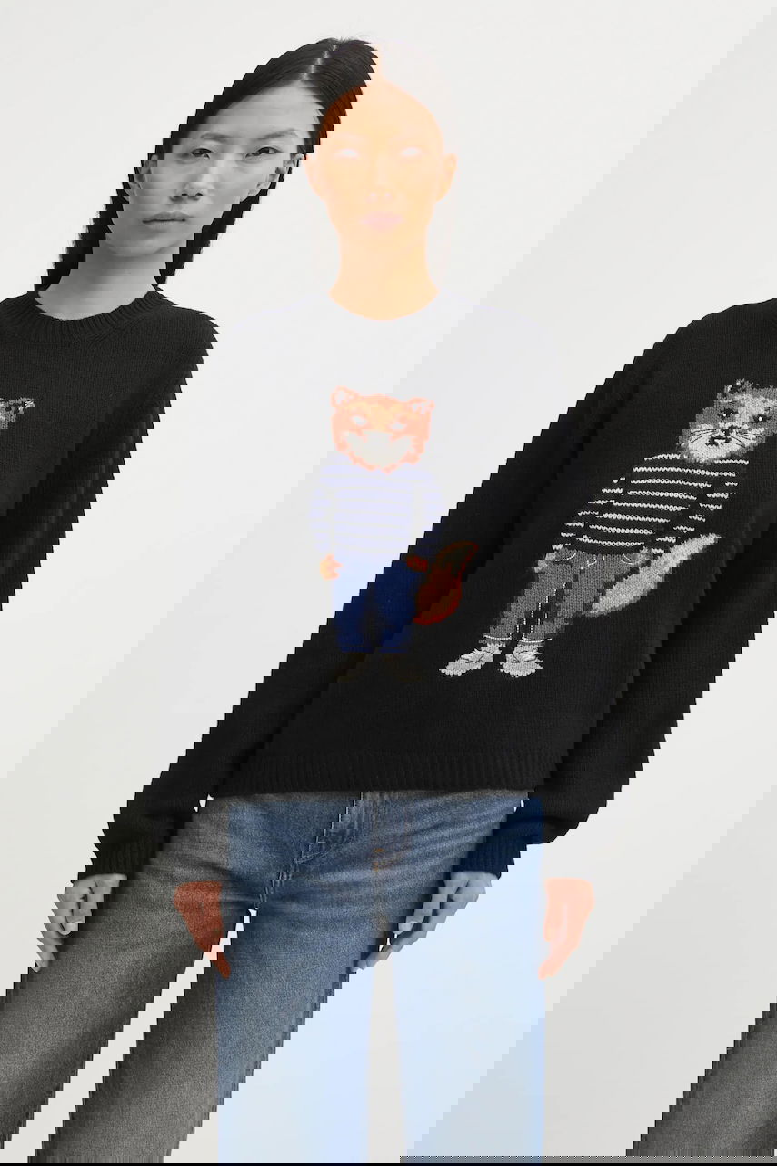 Pleteni pulover MAISON KITSUNÉ Dressed Fox Intarsia Wool Sweater Črna | PW00812KH0002, 0