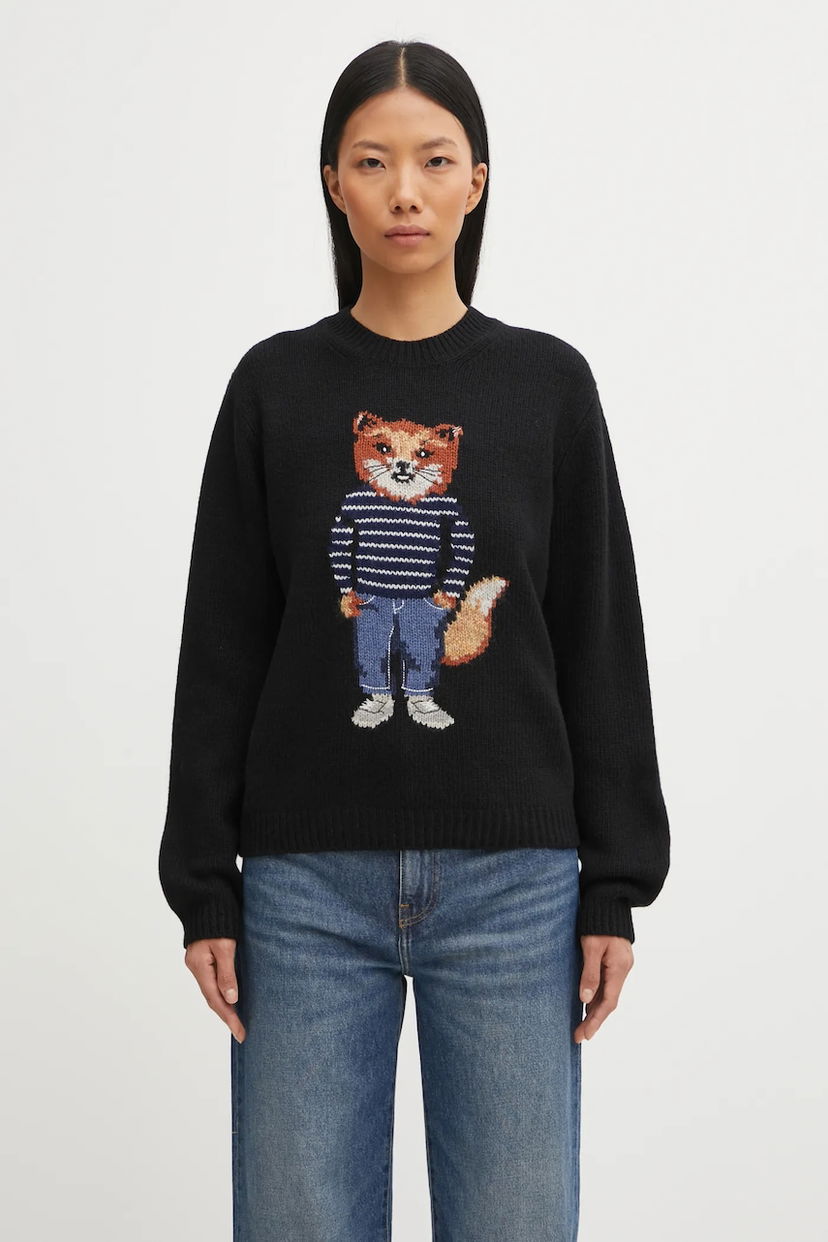 Pleteni pulover MAISON KITSUNÉ Dressed Fox Intarsia Wool Sweater Črna | PW00812KH0002