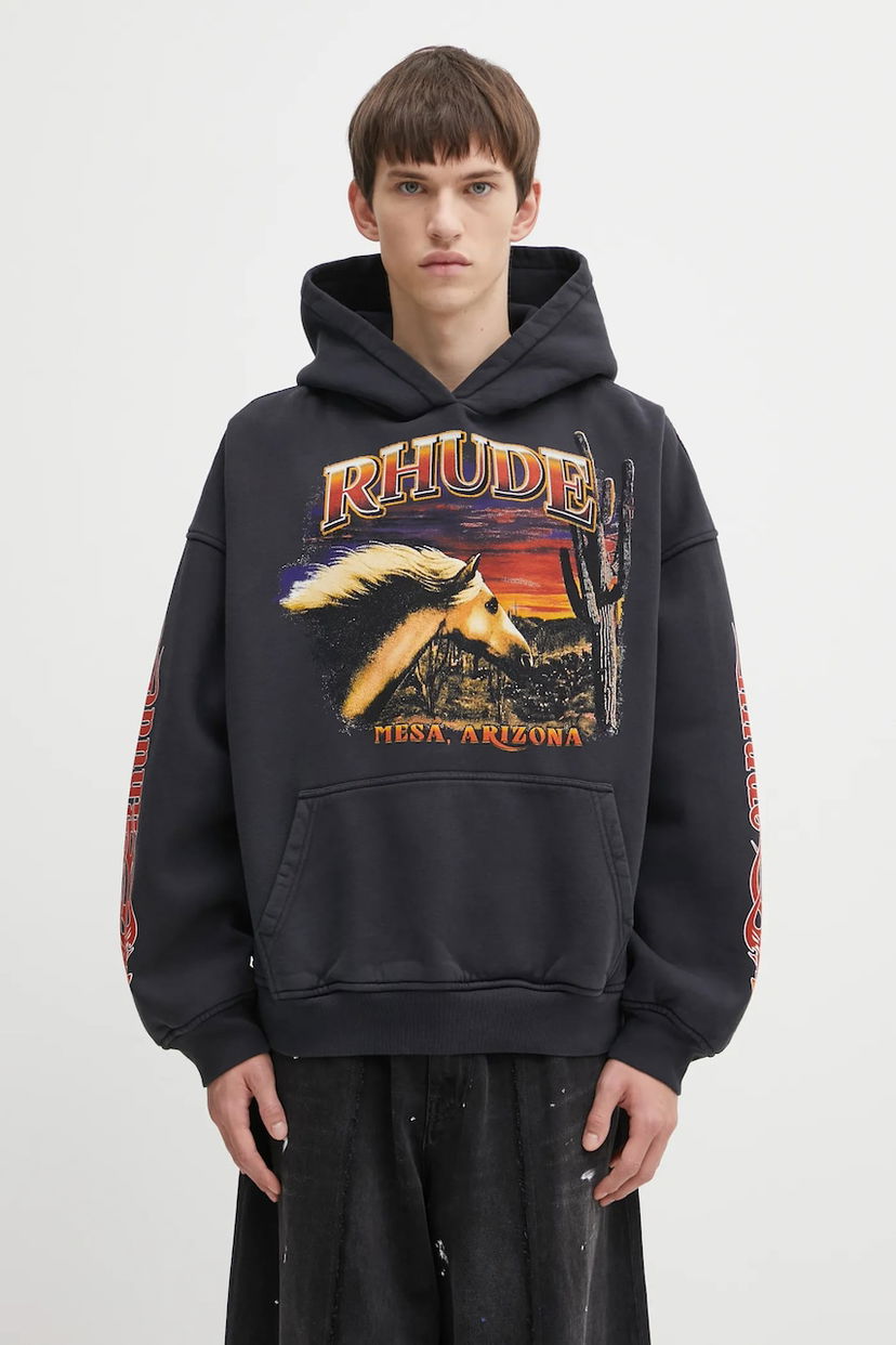 Pulover Rhude Cotton Graphic Hooded Sweatshirt Mesa Arizona Stallion Črna | RHFW25HO04012