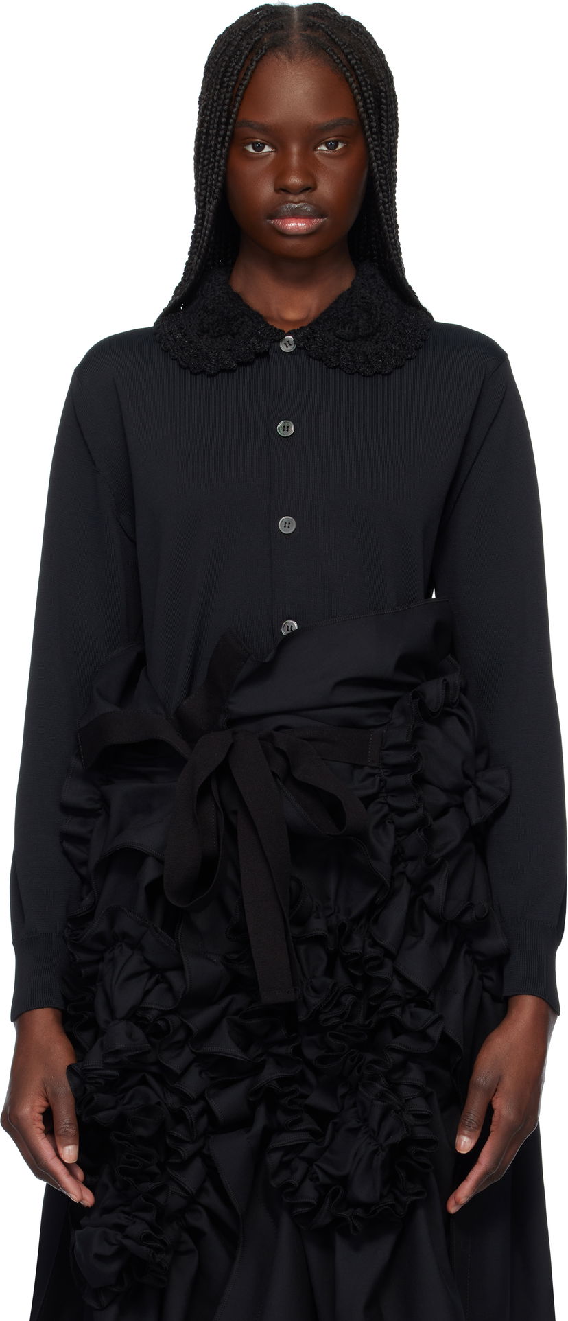 Pleteni pulover Comme des Garçons Comme Des Garçons Jersey Cardigan with Crochet Collar Črna | TO-N006-S25