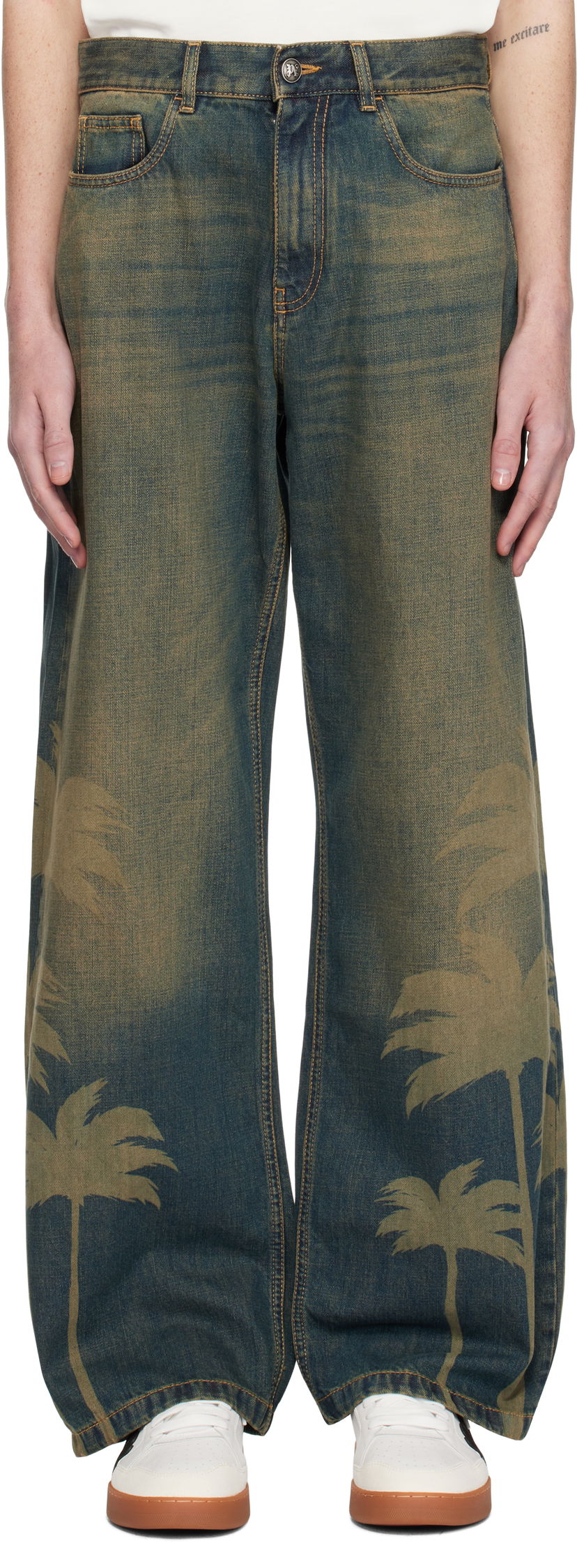 Kavbojke Palm Angels Laser Palms Loose Jeans Modra | PMYA049S25DEN0016009