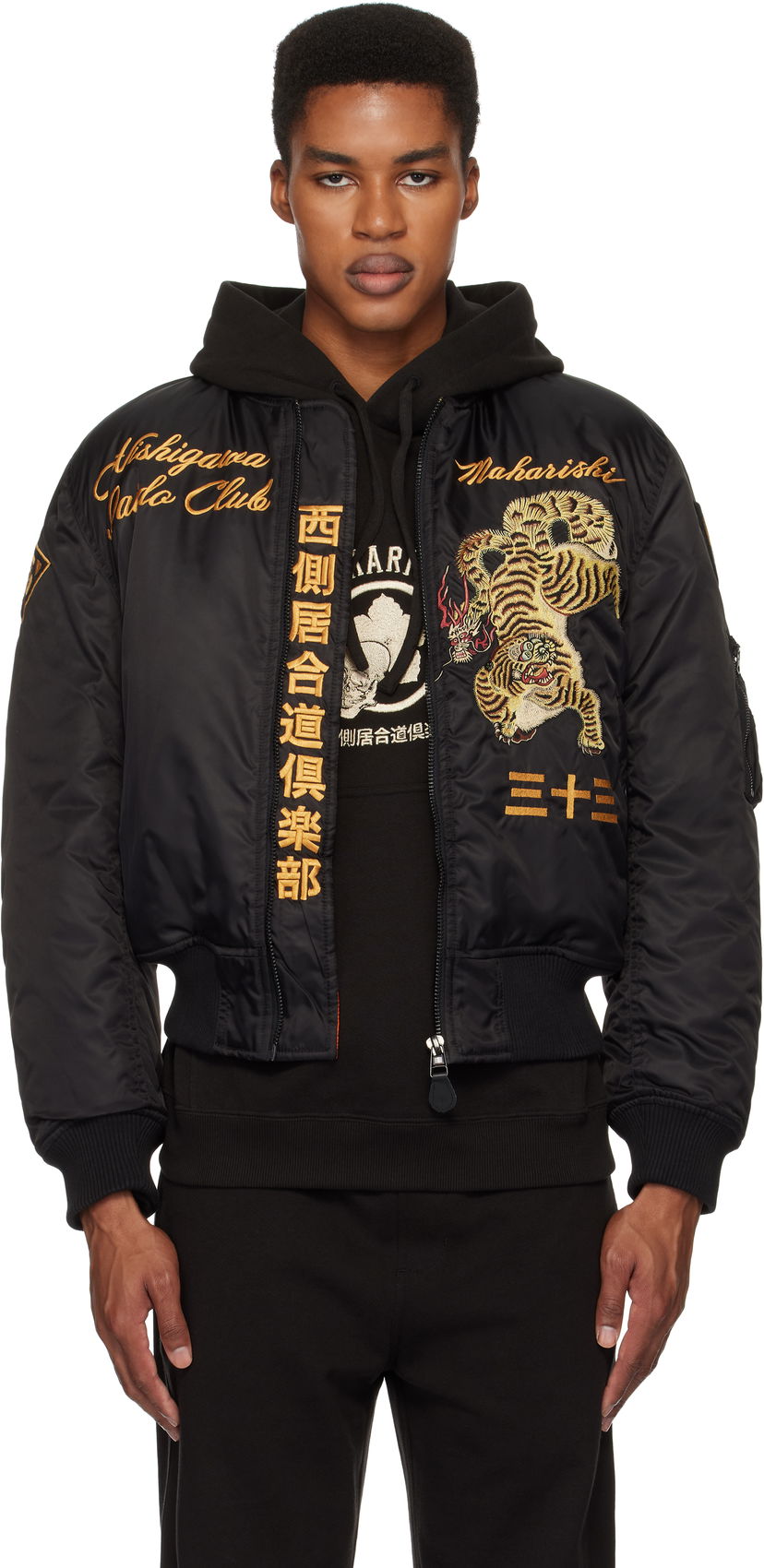 Bomber jakna Maharishi Nishigawa Iaido Club Edition Nekomata Tiger MA1 Bomber Jacket Črna | 4580 Nekomata Tiger