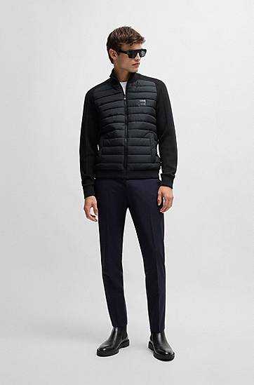 Puhovka BOSS BOSS Mixed-Material Zip-Up Jacket with Logo Badge Črna | 50526835, 1