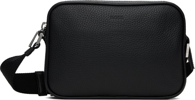 Torba za čez ramo BOSS BOSS Embossed-Logo Leather Reporter Bag Črna | 50536151