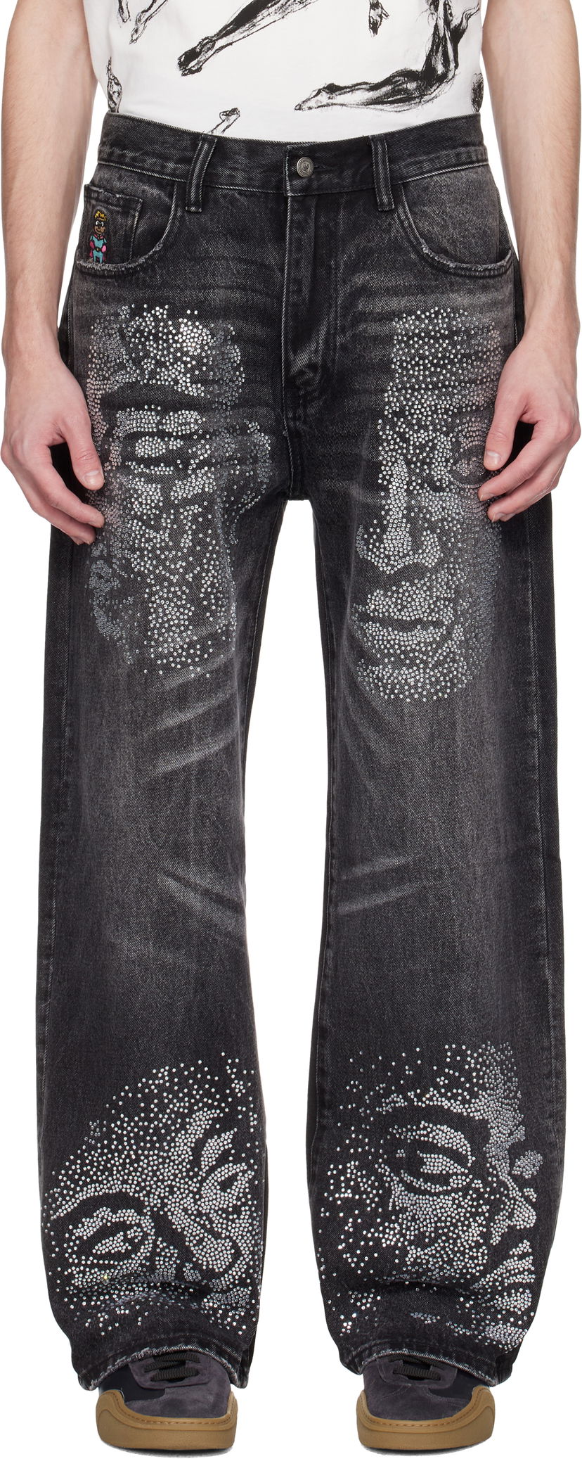 Kavbojke KidSuper KidSuper Rhinestone Face Jeans Črna | SS25-PT-24