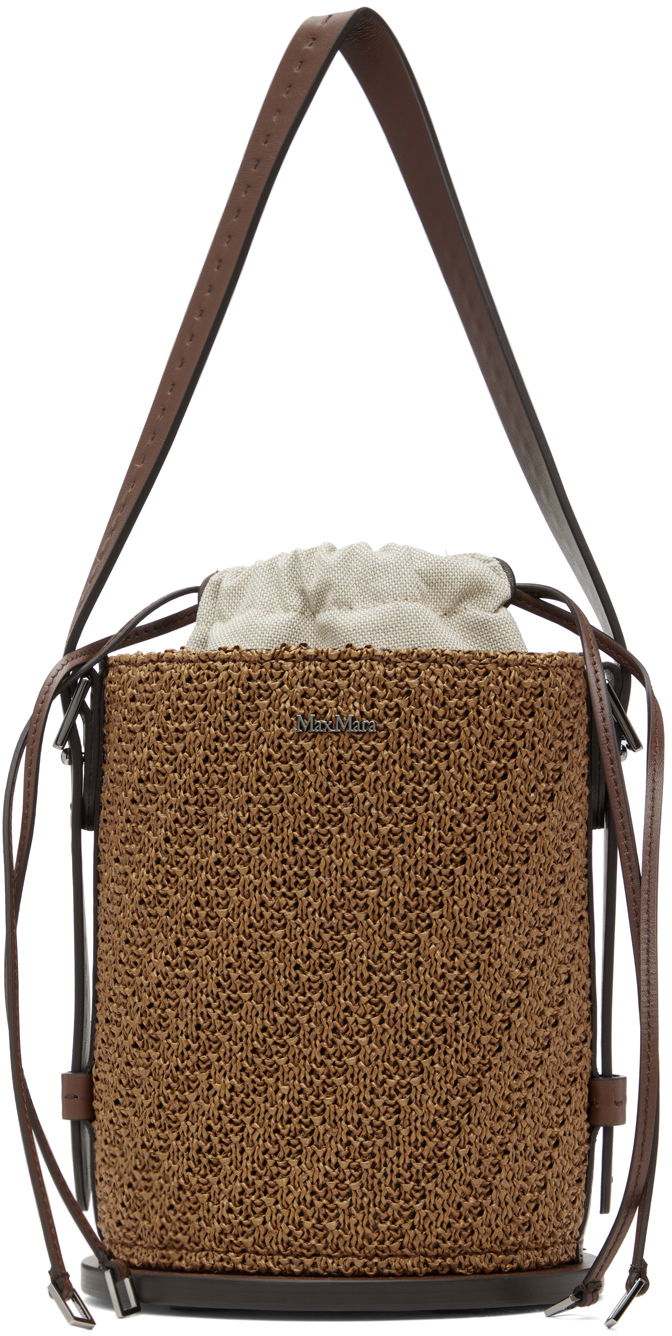 Tote bag Max Mara Archetipo Leather-Trimmed Raffia Bucket Bag Rjava | 2414511032600