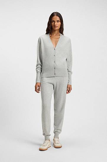 Pleteni pulover BOSS Relaxed-fit V-neck button-front cardigan in cashmere with ribbed trims Siva | 50548814, 1