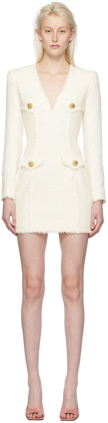 Obleke Balmain V-Neck Minidress Bela | CF1R9103XF91