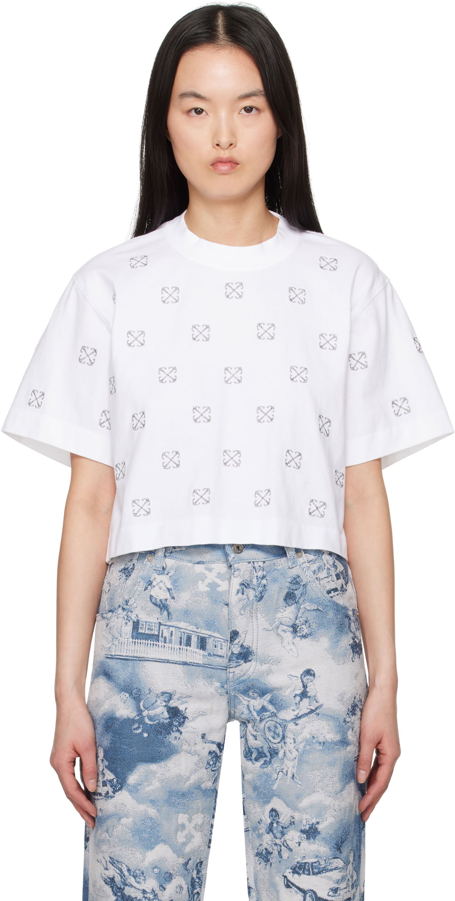 Krop-top Off-White Off-White Little Arrows Lurex Crop T-Shirt Bela | OWAA090S25JER0040172, 0