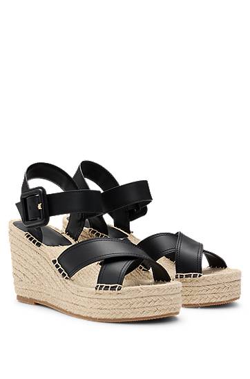Modni dodatki BOSS Leather Strap Wedge Espadrilles Črna | 50546334