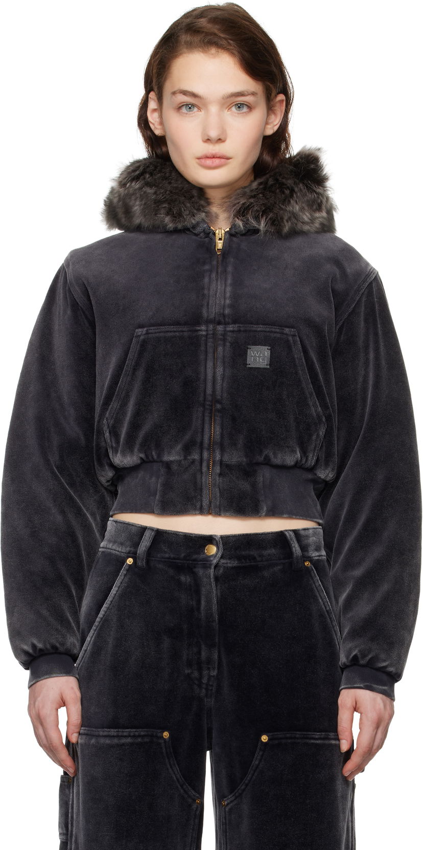 Pulover Alexander Wang Velour Workwear Shearling Trim Jacket Črna | 4CC4242106