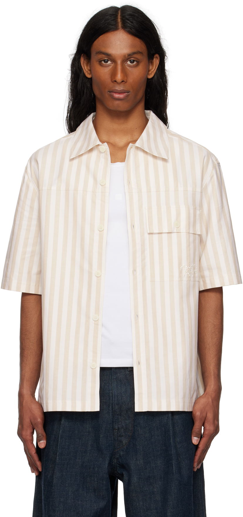 Srajce MAISON KITSUNÉ Maison Kitsuné Short Sleeve Overshirt Bež | OM00429WC5045
