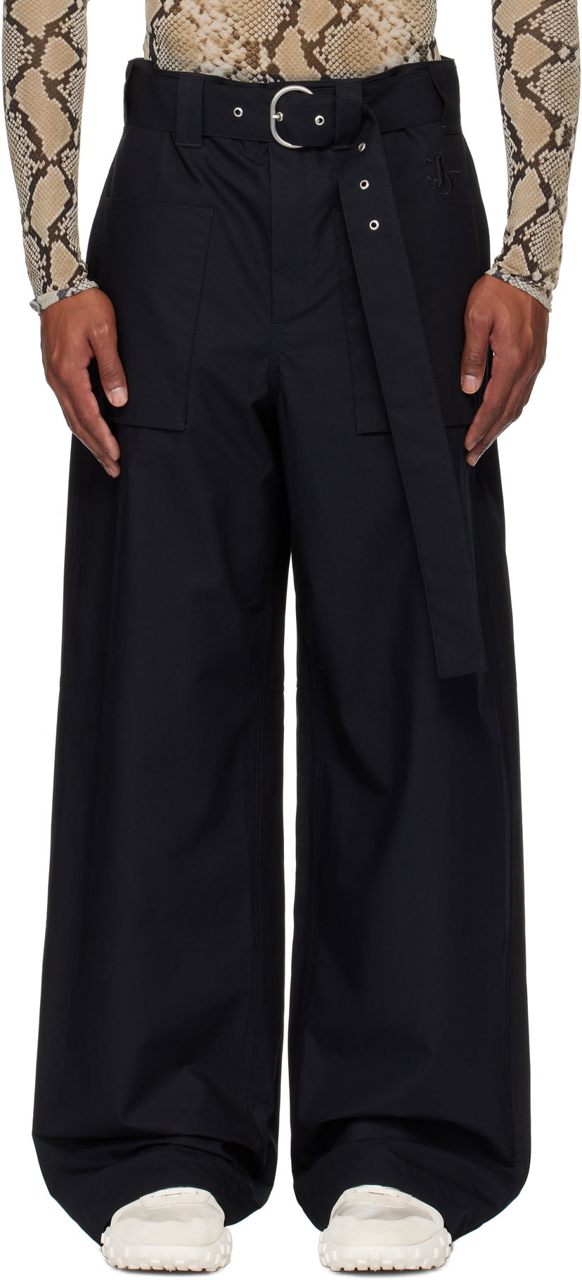 Hlače Jil Sander Jil Sander Belted Wide-Leg Trousers Črna | J47KA0234_J45039