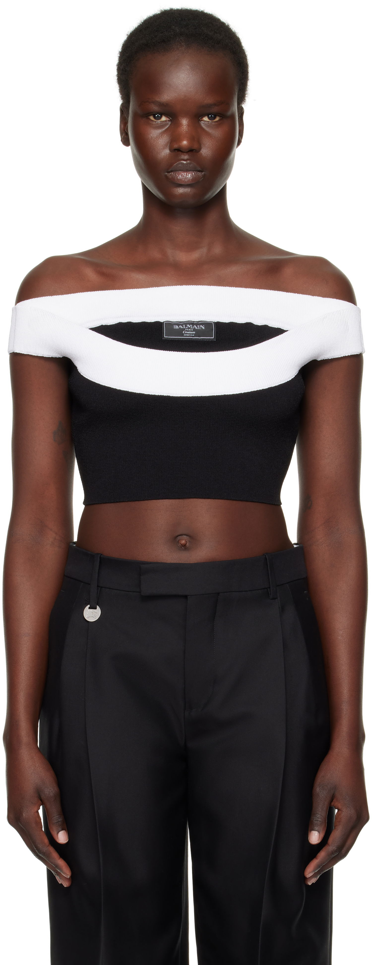 Pleteni pulover Balmain Balmain Two-Tone Knit Cropped Top Črna | EF1AA375KH82, 0