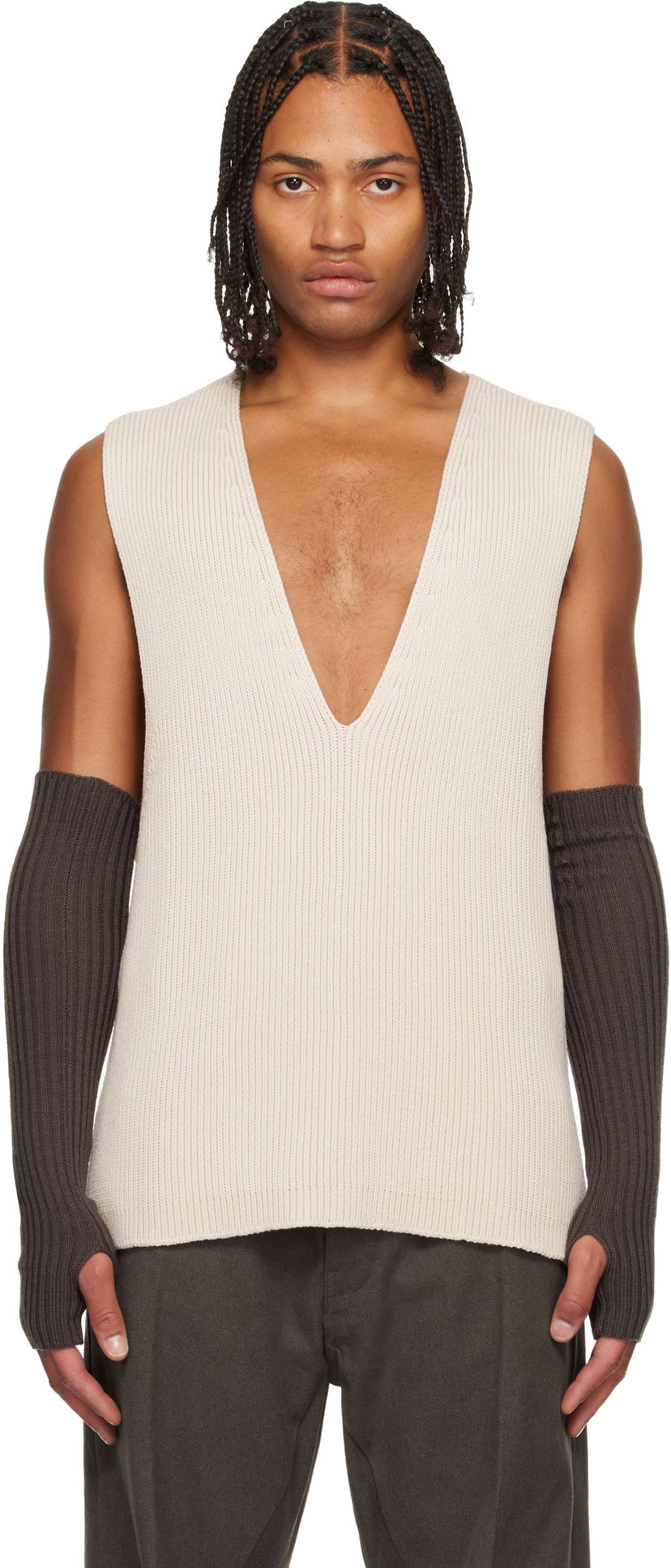 Majica brez rokavov Rick Owens Concordians V-Neck Rib Knit Tank Vest Bež | RR02E1683 KWVH