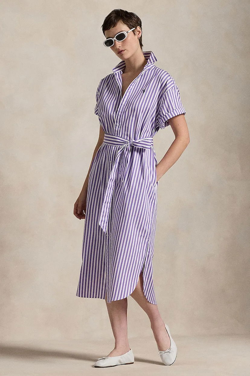 Obleke Polo by Ralph Lauren Cotton Striped Midi Polo Shirt Dress with Tie-Waist Večbarvna | 211959911