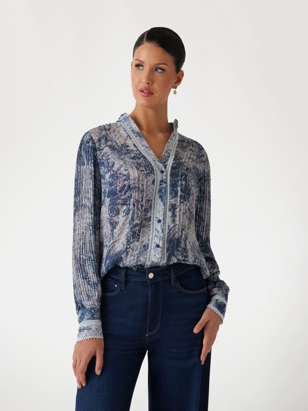 Srajce GUESS Floral V-Neck Chiffon Blouse Modra | W5RH16WDW82