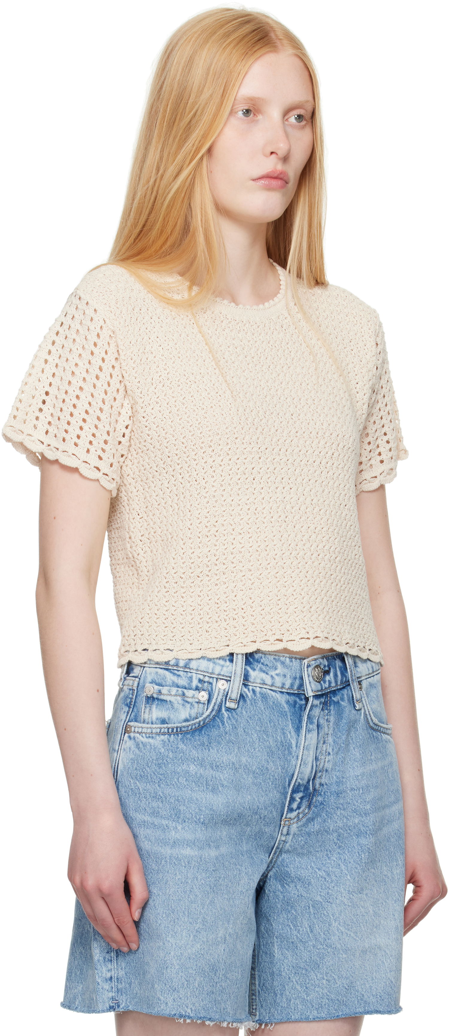 Majica rag & bone rag & bone Khloe Open Knit Short Sleeve T-shirt Bež | WAS25P016BR16, 1