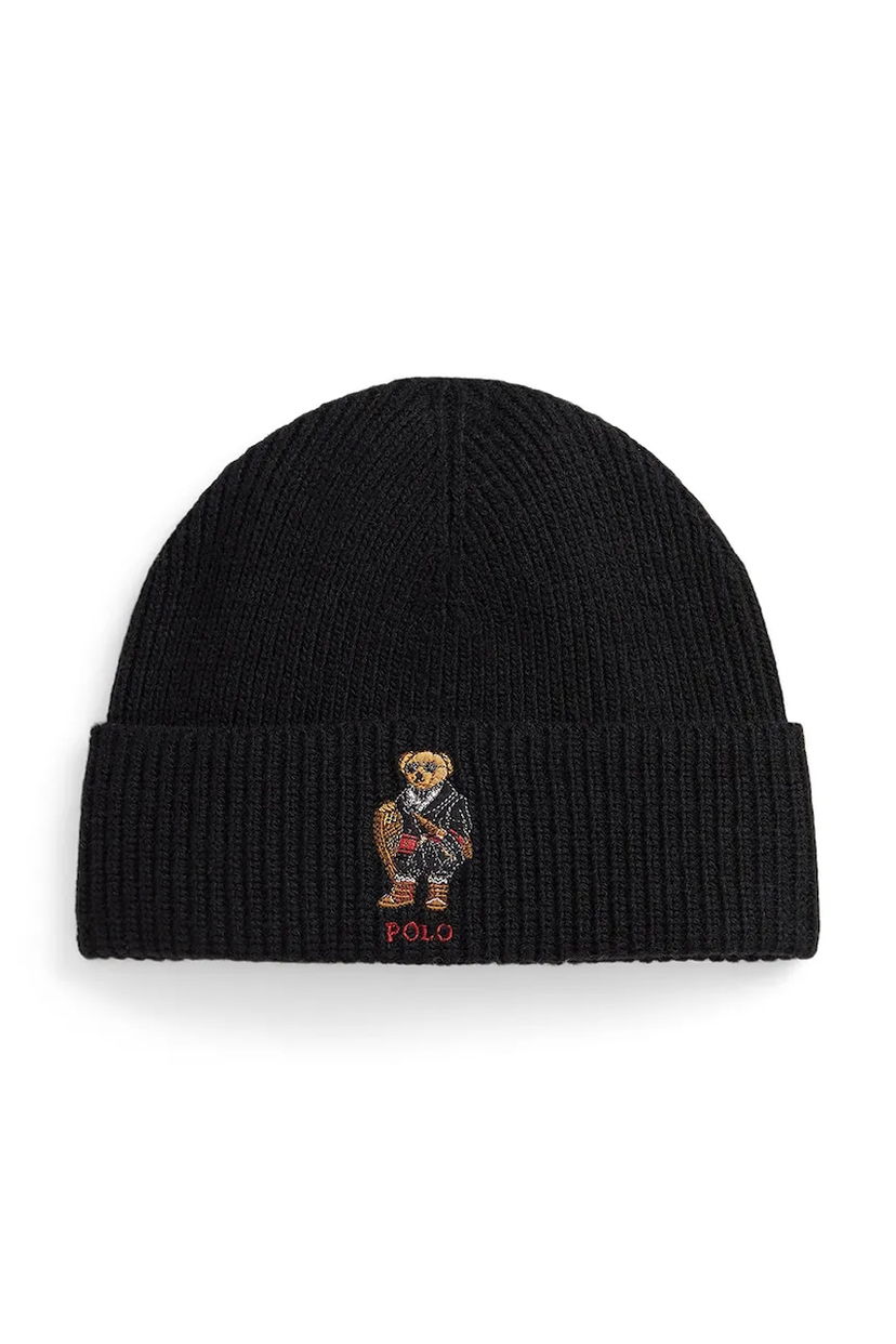 Beanie Polo by Ralph Lauren Ribbed Wool Blend Beanie with Polo Bear Črna | 449P02041