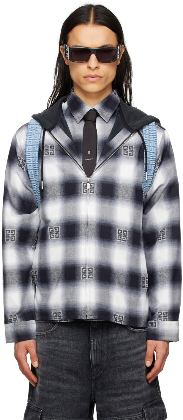 Srajce Givenchy Givenchy Check Zip-Up Hooded Shirt Modra | BM60VH13R9