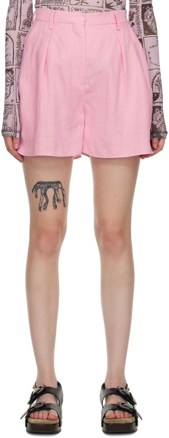 Kratke hlače Nanushka Pleated Cotton-Linen Blend Shorts Roza | NW22PFST00633