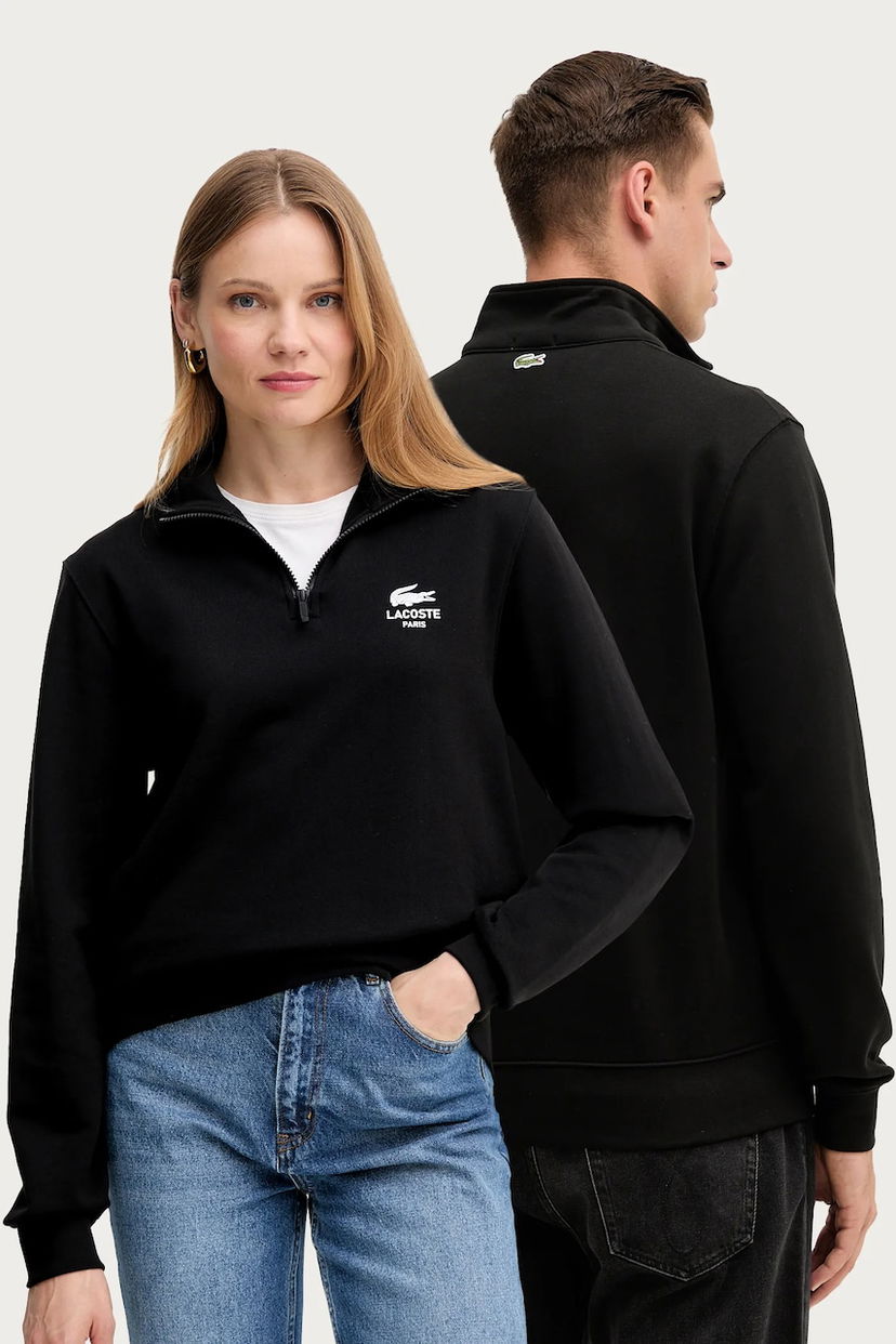 Pulover Lacoste Cotton Half-Zip Sweatshirt with Paris Logo Print Črna | SH2735