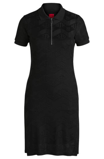 Obleke BOSS Jacquard Knit Dress with Logo Zip Placket Črna | 50537774