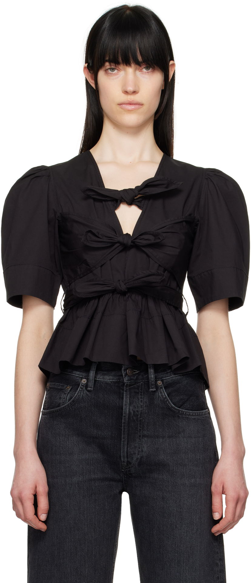 Krop-top GANNI Ganni Tie Strap Stretch Cotton Peplum Blouse Črna | W0378