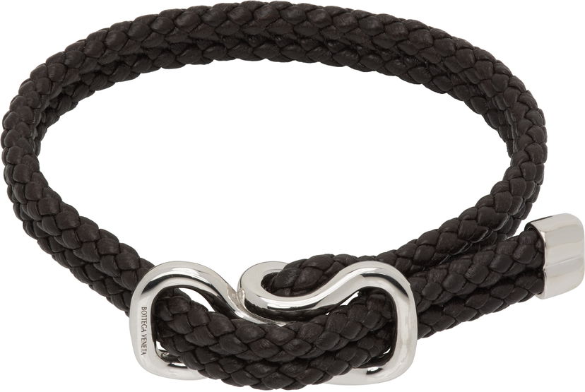 Zapestnica Bottega Veneta Bottega Veneta Braided Leather Bracelet with Silver-Tone Clasp Črna | 829387V507C2113