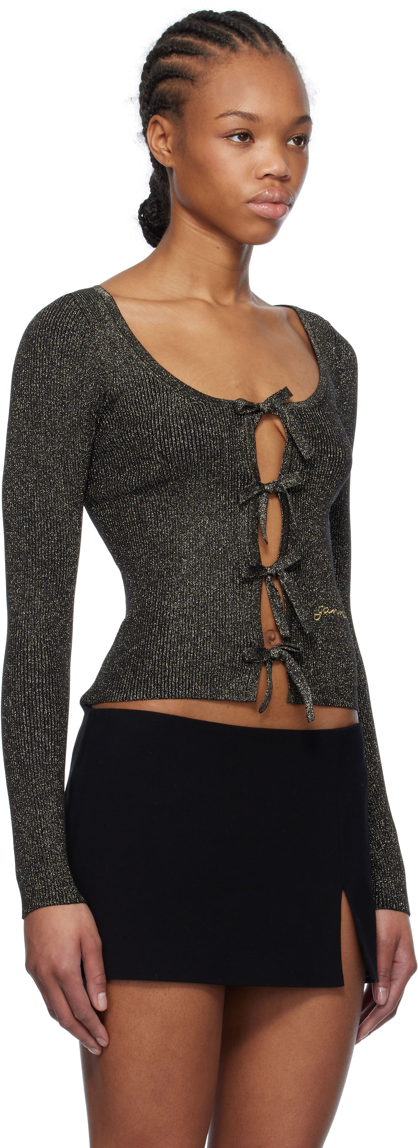 Pleteni pulover GANNI GANNI Sparkle Tie String Cardigan Črna | K2358, 1