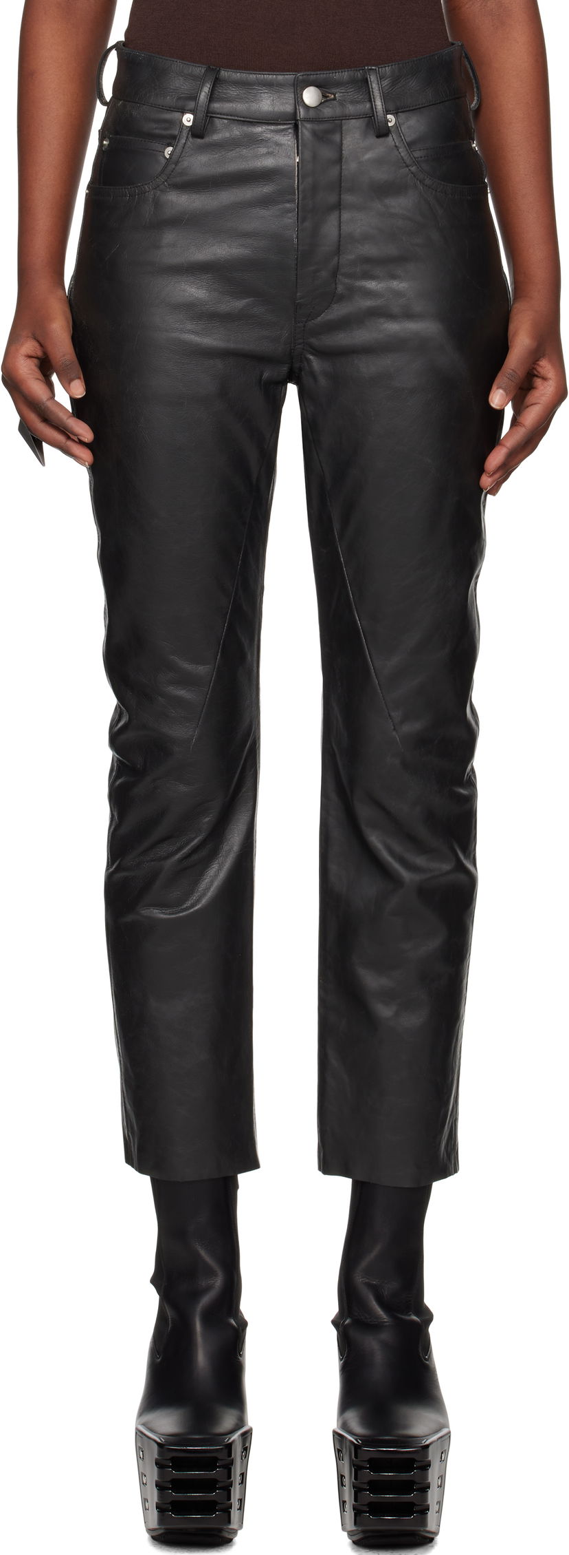Hlače Rick Owens Rick Owens Hollywood Detroit Cut Leather Pants Črna | RP01E7324 LTP