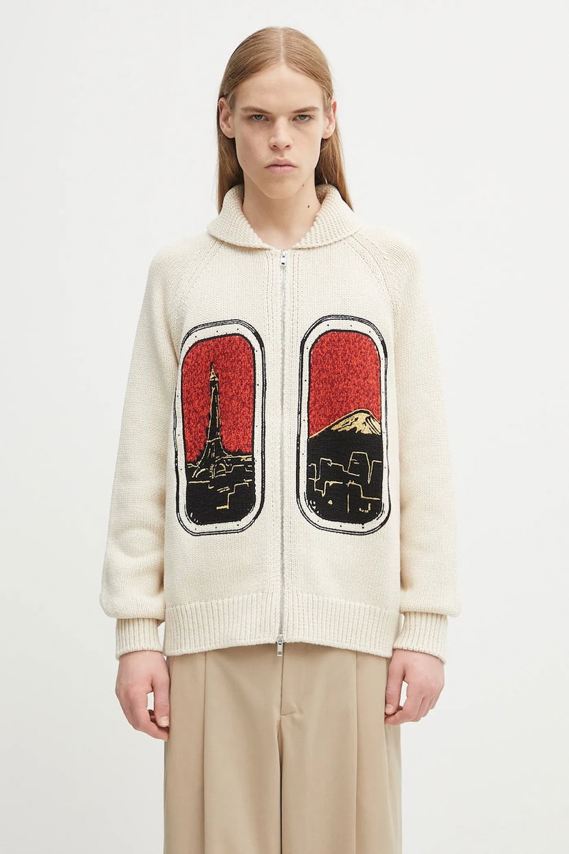 Pleteni pulover KENZO City Landmark Graphic Zipped Wool Cardigan Bela | FF65CA7453CF