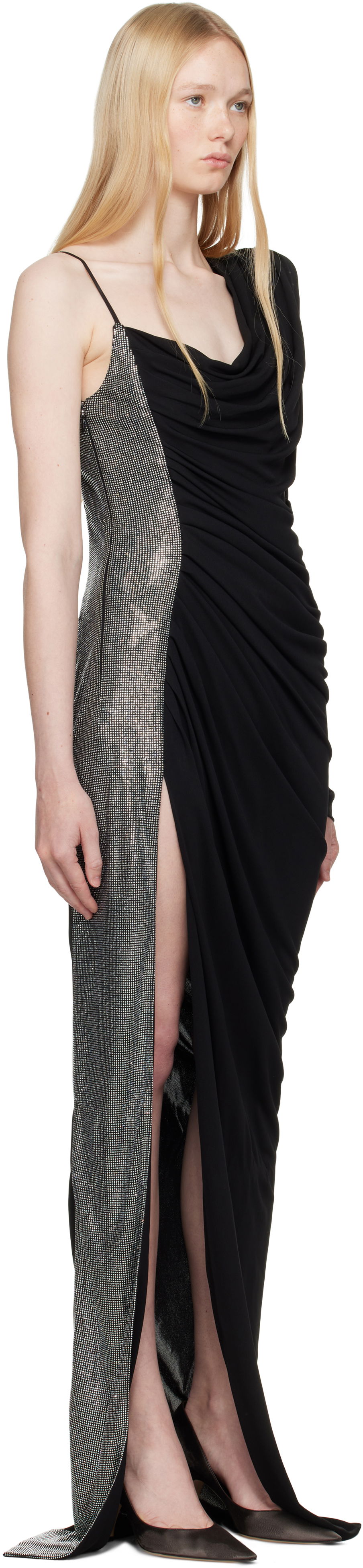 Obleke Balmain Balmain Draped Asymmetrical Two-Material Maxi Dress Črna | EF0RR965PD03, 1