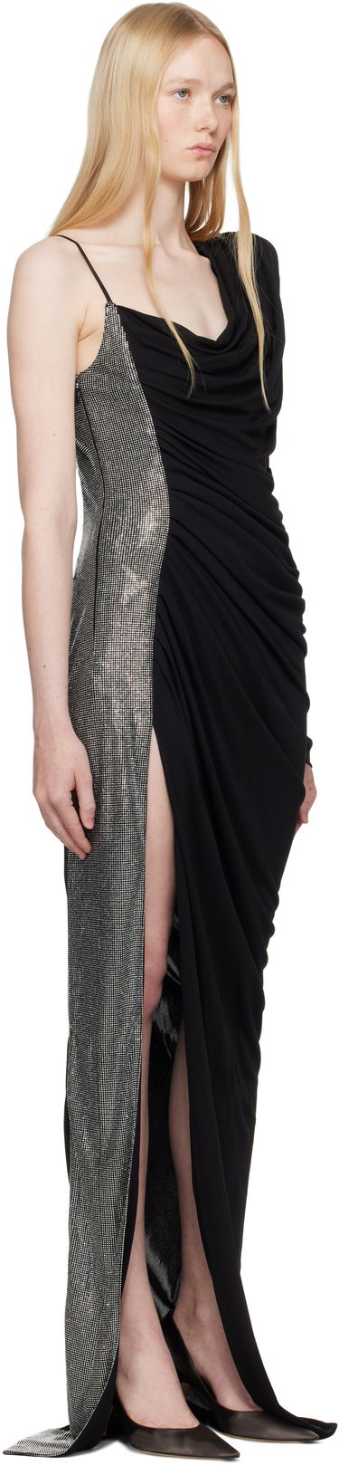 Obleke Balmain Balmain Draped Asymmetrical Two-Material Maxi Dress Črna | EF0RR965PD03, 1