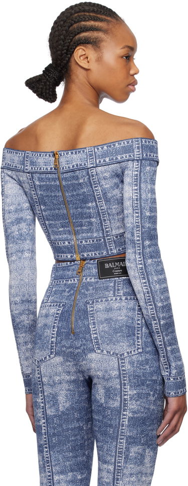 Trenirka Balmain Balmain Denim Off-Shoulder Top Modra | EF1AO385KH80, 2