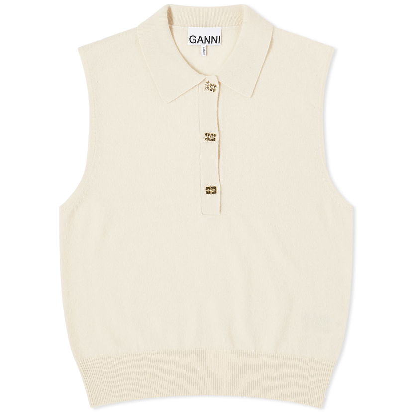 Pleteni pulover GANNI Cashmere Mix Sleeveless Polo Vest Bež | K2131-354