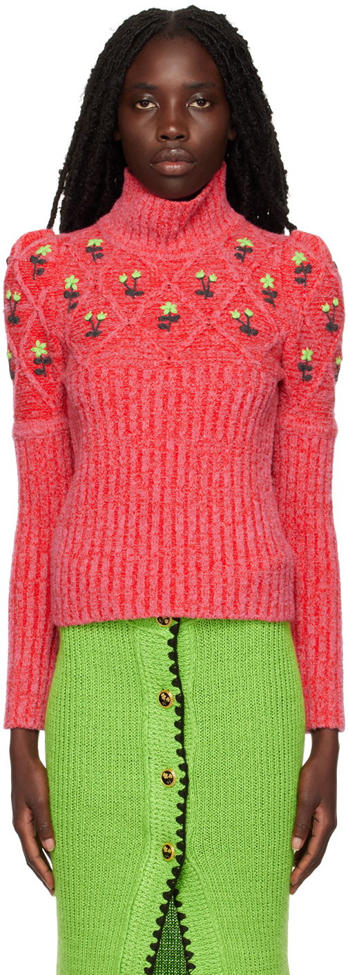 Pleteni pulover CORMIO Floral Embroidered Turtleneck Sweater Rdeča | OMA TURTLENECK 5