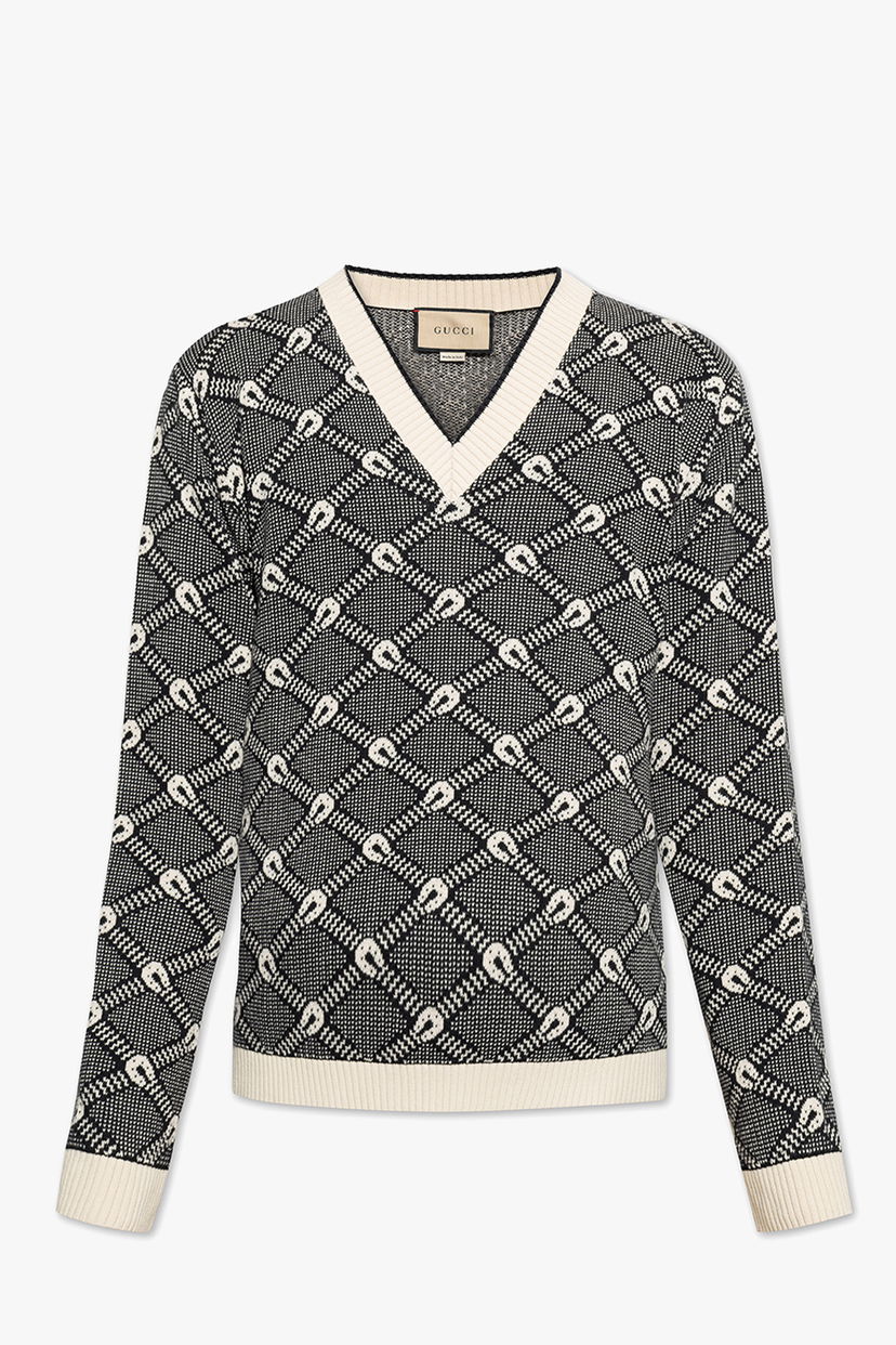 Pleteni pulover Gucci Slim-Fit Patterned Sweater Black White Siva | 703112-XKCCW-1289