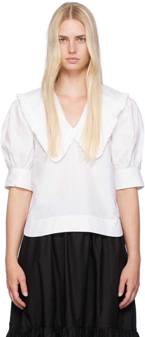 Srajce GANNI V-Neck Blouse With Collar Bela | F8635