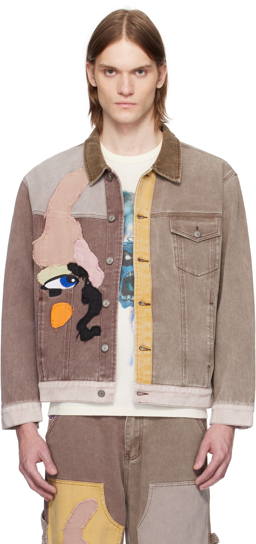 Jakna KidSuper KidSuper Patchwork Face Colorblocked Twill Jacket Rjava | SS25-OW-10